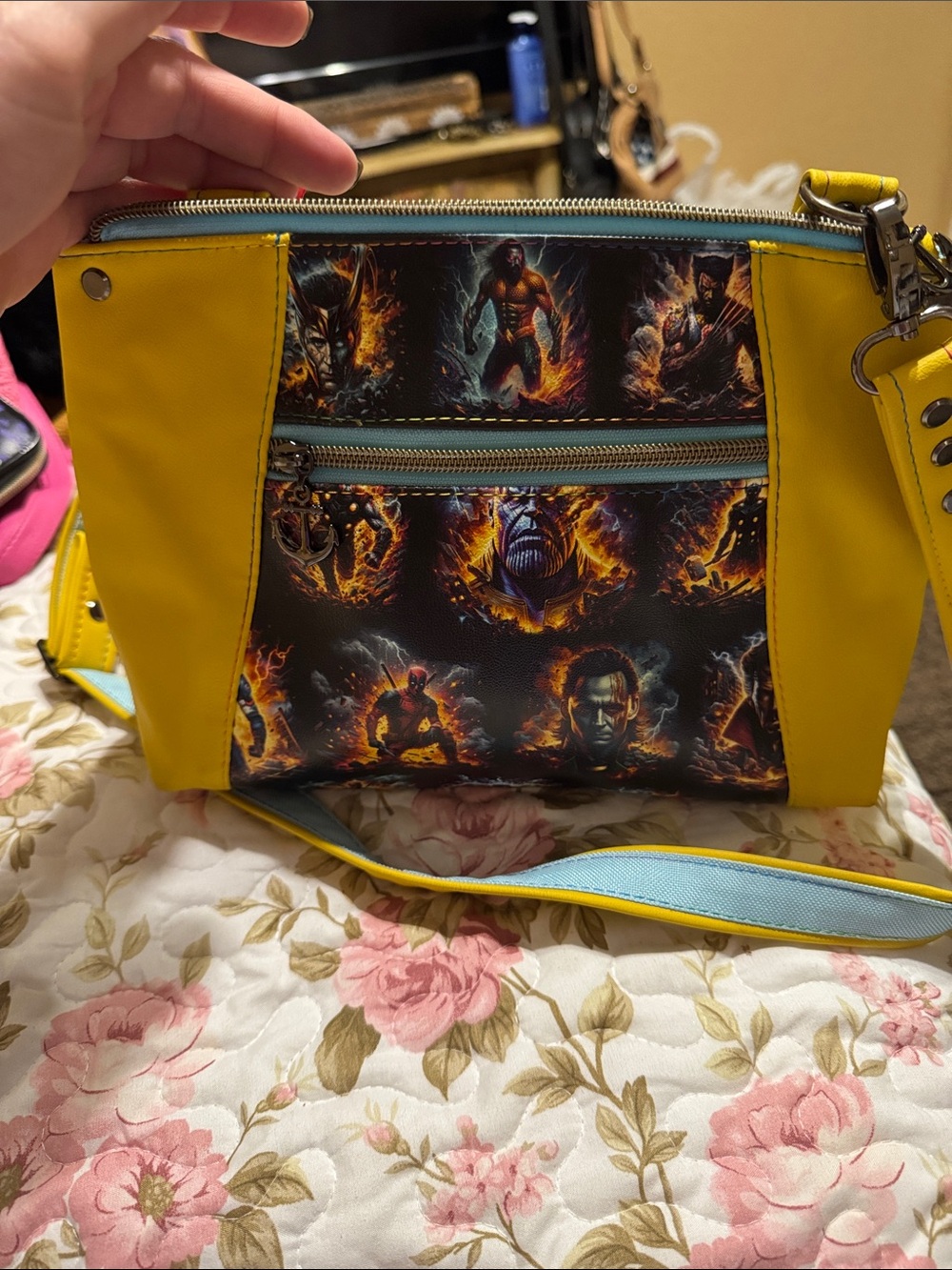 Yellow Graphic Crossbody Bag with Black Character Panel
